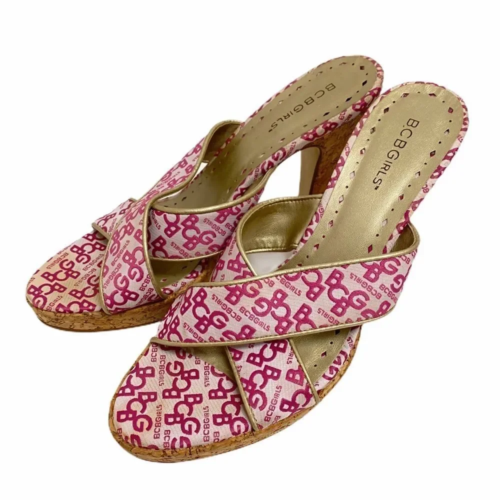 Vintage‎ y2k BCBGIRLS Pink High Heels Cork Sandal 9B Babiecore